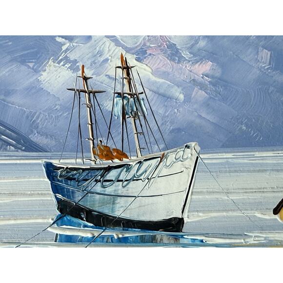 Framed Oil Painting Nautical Boats Impasto Framed Unsigned Docks Mooring Sea Sky - Picture 3 of 16